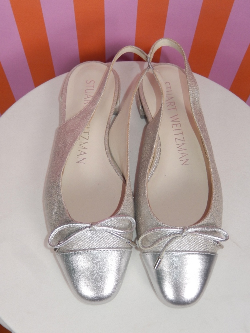 Stuart Weitzman Silver Cap Toe Sleek Bow Slingback Flats Shoes 6